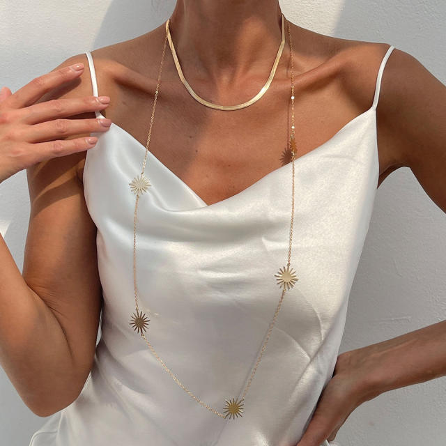 Simple snake chain sunflower long necklace set 2 layer necklace