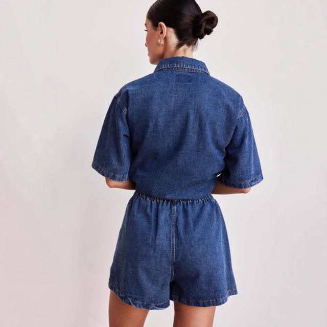 European American Casual Loose Pocket Short-sleeved Shirt Shorts Denim Two-piece Suit