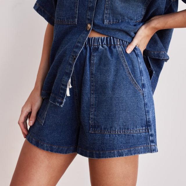 European American Casual Loose Pocket Short-sleeved Shirt Shorts Denim Two-piece Suit