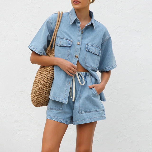 European American Casual Loose Pocket Short-sleeved Shirt Shorts Denim Two-piece Suit