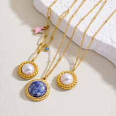 French trend natual stone pearl pendant stainless steel necklace