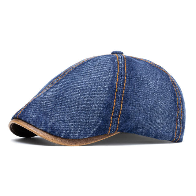 Amazon New Washed Denim Hat Men's Light Plate Forward Cap British Cap Women's Beret Octagonal Cap
