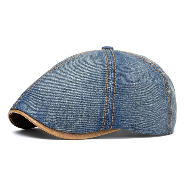 Amazon New Washed Denim Hat Men's Light Plate Forward Cap British Cap Women's Beret Octagonal Cap