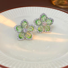 925 needle fresh green color flower copper earrings