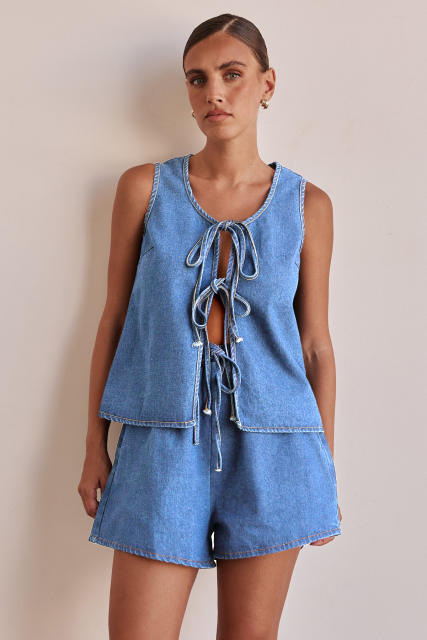 European American Summer Fashion Casual Sleeveless Lace-up High Waist Women's Vest Denim suit Shorts