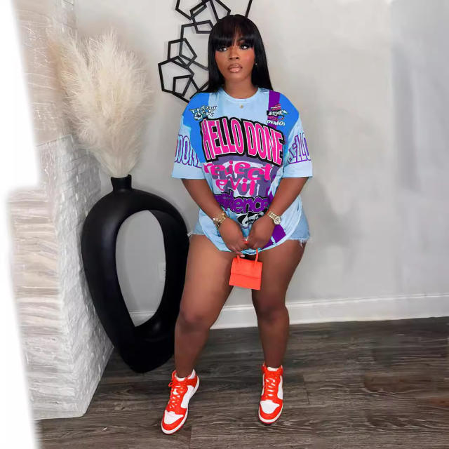 Round Neck Loose Multicolor Letters Street Trendy Design Short-sleeved T-shirt Women