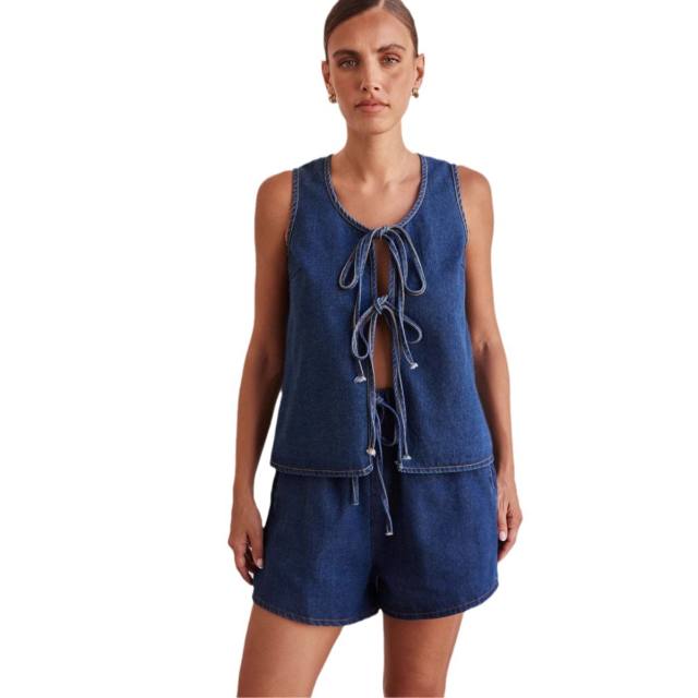 European American Summer Fashion Casual Sleeveless Lace-up High Waist Women's Vest Denim suit Shorts
