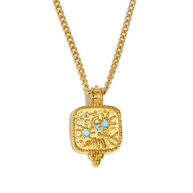 Elegant hammer pattern enamel sun moon stainless steel necklace rings suit