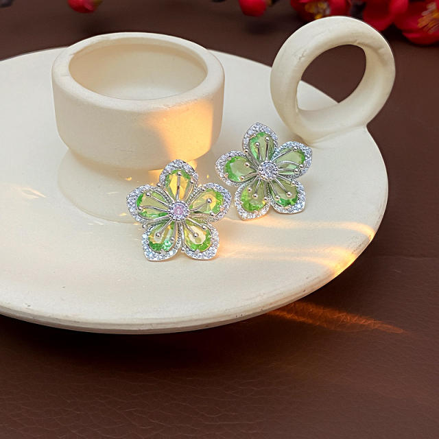 925 needle fresh green color flower copper earrings
