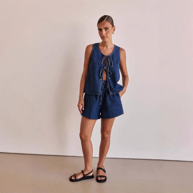 European American Summer Fashion Casual Sleeveless Lace-up High Waist Women's Vest Denim suit Shorts