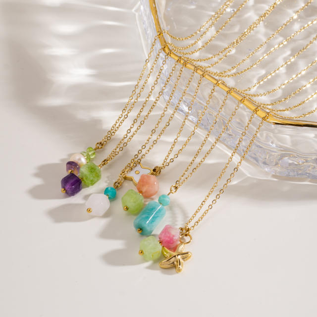Spring smmer colorful natural stone bead pendant stainless steel necklace