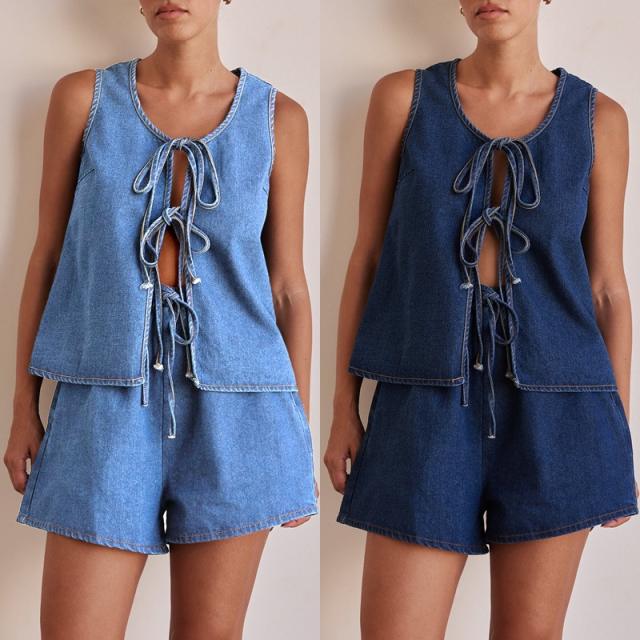 European American Summer Fashion Casual Sleeveless Lace-up High Waist Women's Vest Denim suit Shorts