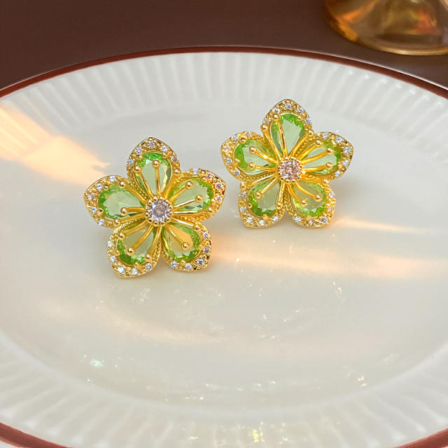925 needle fresh green color flower copper earrings