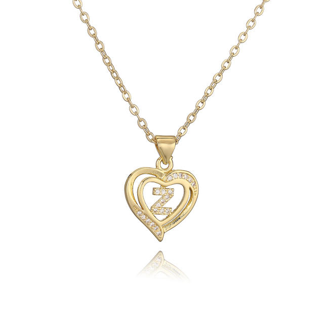 Delicate diamond heart hollow initial letter copper necklace