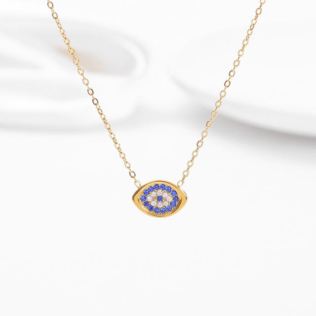 Dainty full diamond geometric evil eye pendant stainless steel necklace