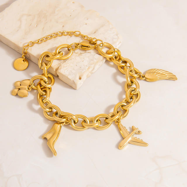 18KG gold color bow heart cross charm bracelet stainless steel bracelet