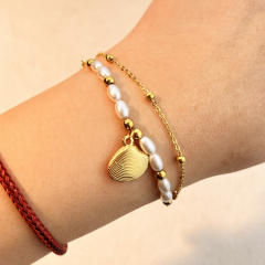 18K waterpearl bead two layer charm bracelet stainless steel bracelet