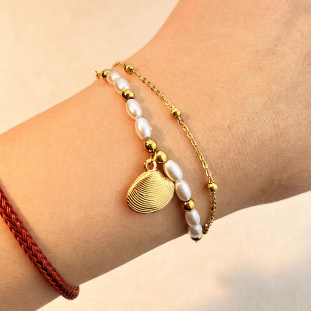 18K waterpearl bead two layer charm bracelet stainless steel bracelet