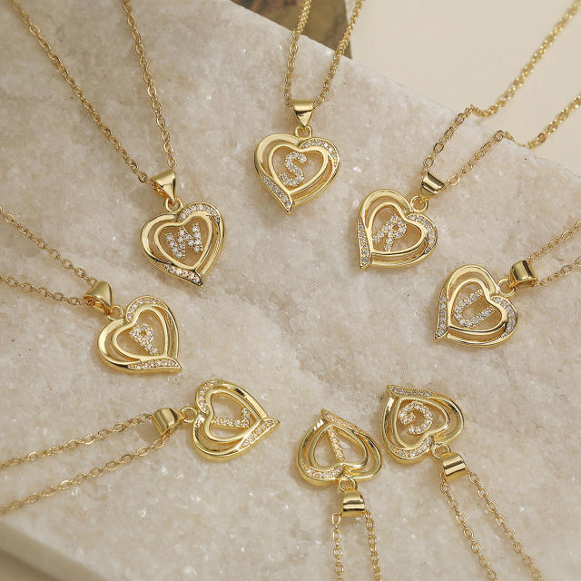 Delicate diamond heart hollow initial letter copper necklace