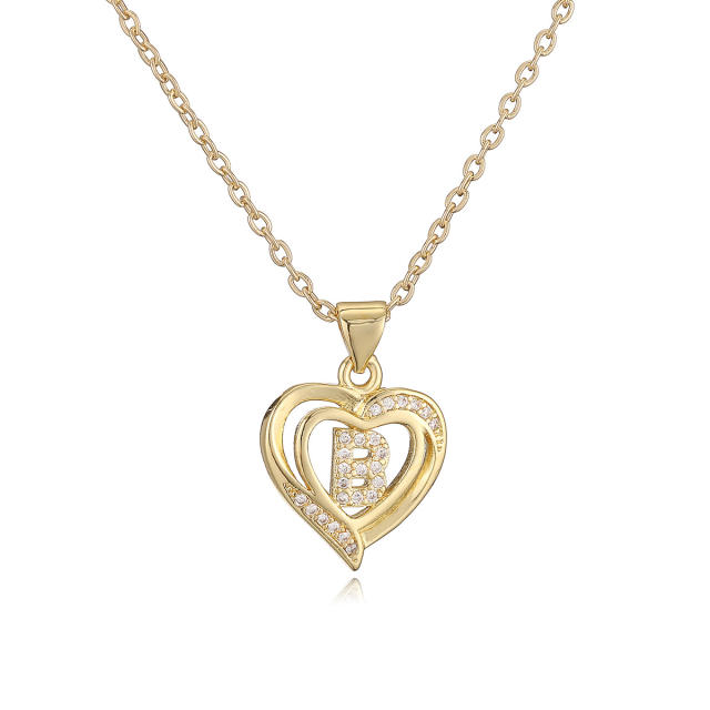 Delicate diamond heart hollow initial letter copper necklace