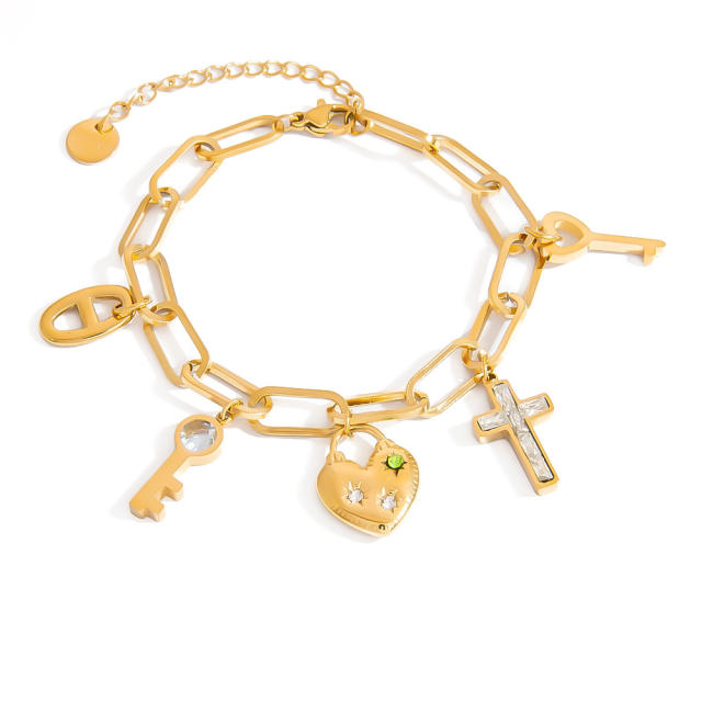 18KG gold color bow heart cross charm bracelet stainless steel bracelet