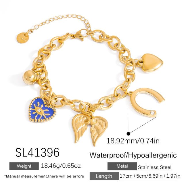 18KG gold color bow heart cross charm bracelet stainless steel bracelet