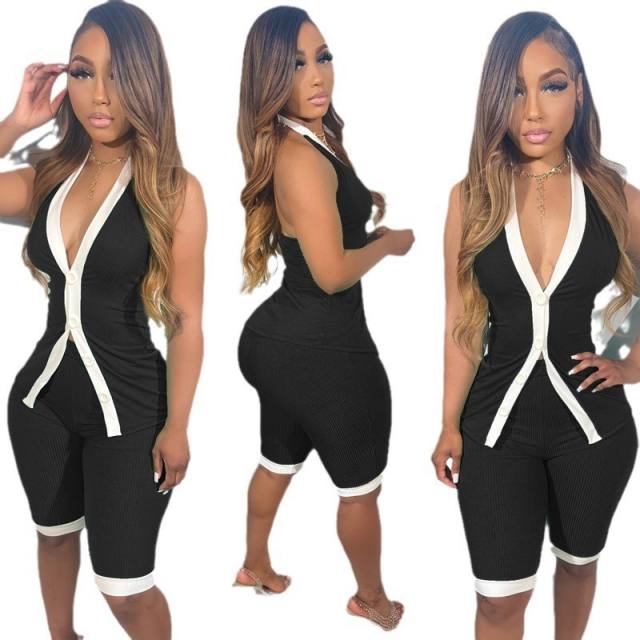 European American New Fashion Women's Sexy V-neck Halter Top Thread Pit Contrast Color suit