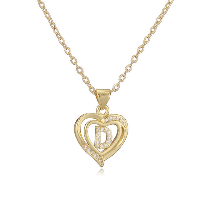 Delicate diamond heart hollow initial letter copper necklace