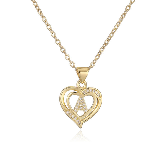 Delicate diamond heart hollow initial letter copper necklace