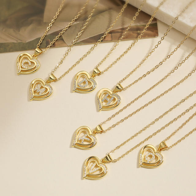 Delicate diamond heart hollow initial letter copper necklace