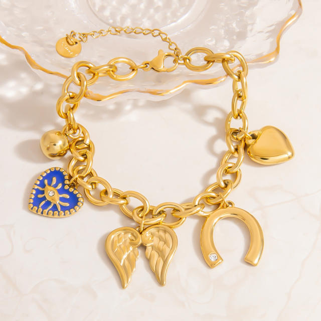 18KG gold color bow heart cross charm bracelet stainless steel bracelet