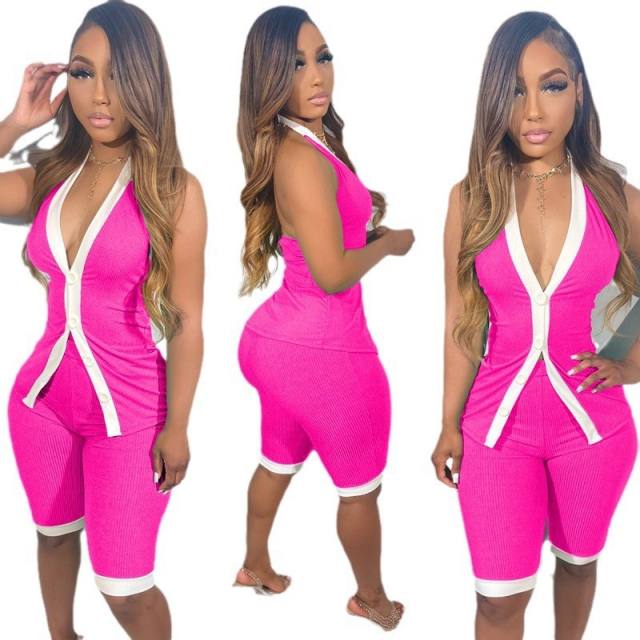 European American New Fashion Women's Sexy V-neck Halter Top Thread Pit Contrast Color suit