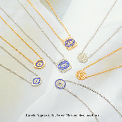 Dainty full diamond geometric evil eye pendant stainless steel necklace