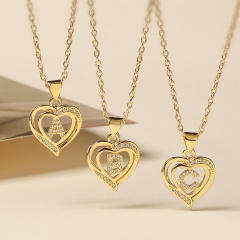 Delicate diamond heart hollow initial letter copper necklace