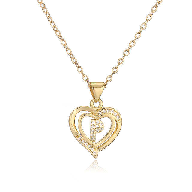 Delicate diamond heart hollow initial letter copper necklace
