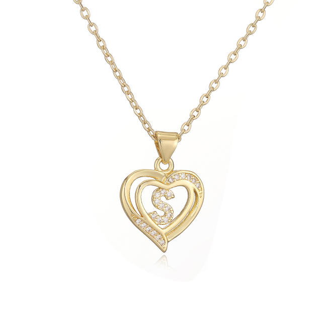 Delicate diamond heart hollow initial letter copper necklace