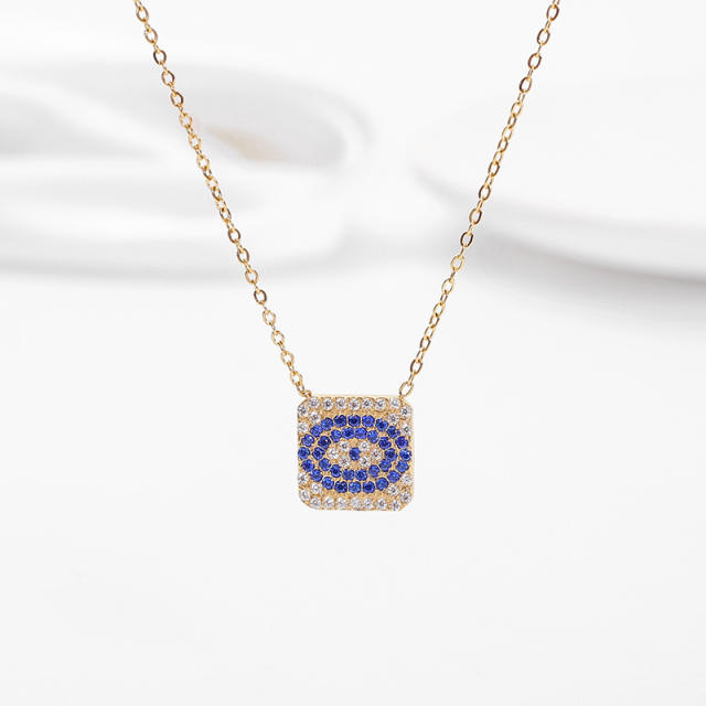 Dainty full diamond geometric evil eye pendant stainless steel necklace