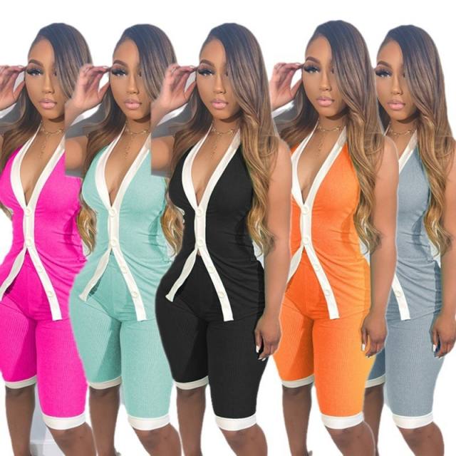 European American New Fashion Women's Sexy V-neck Halter Top Thread Pit Contrast Color suit