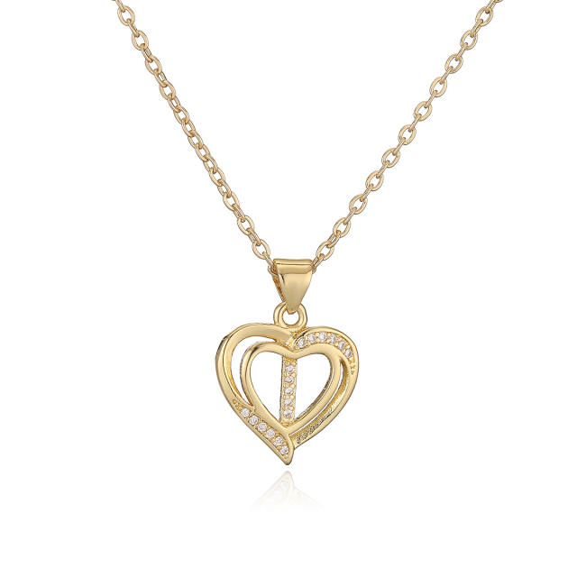Delicate diamond heart hollow initial letter copper necklace