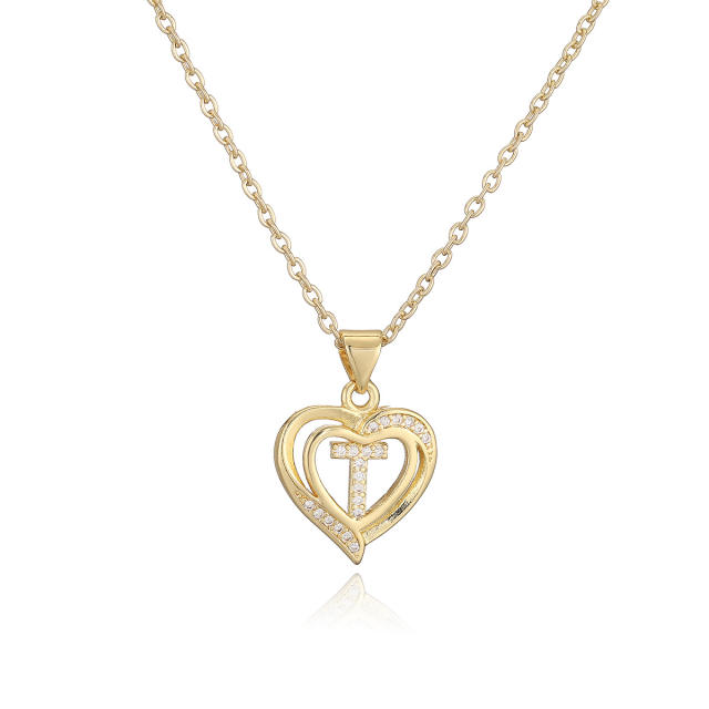 Delicate diamond heart hollow initial letter copper necklace
