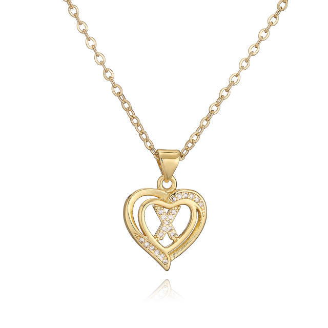 Delicate diamond heart hollow initial letter copper necklace