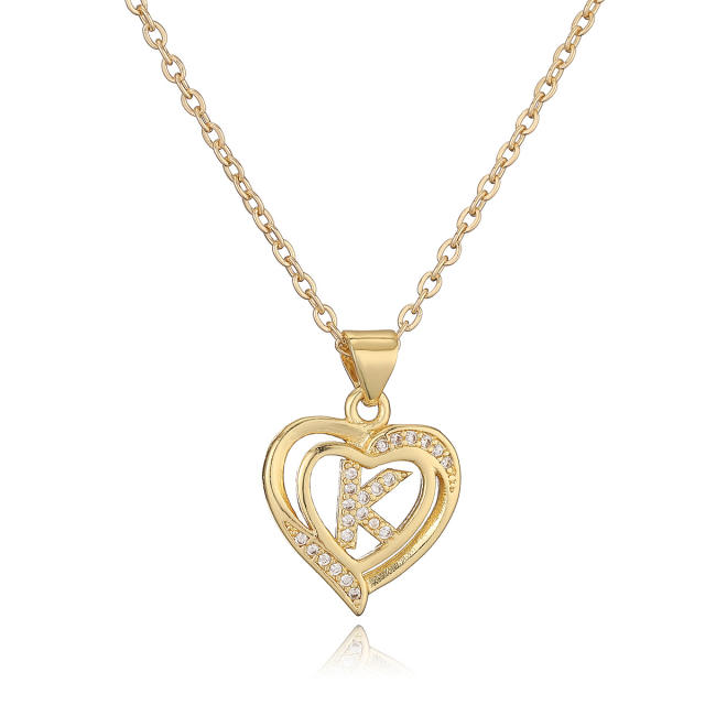 Delicate diamond heart hollow initial letter copper necklace