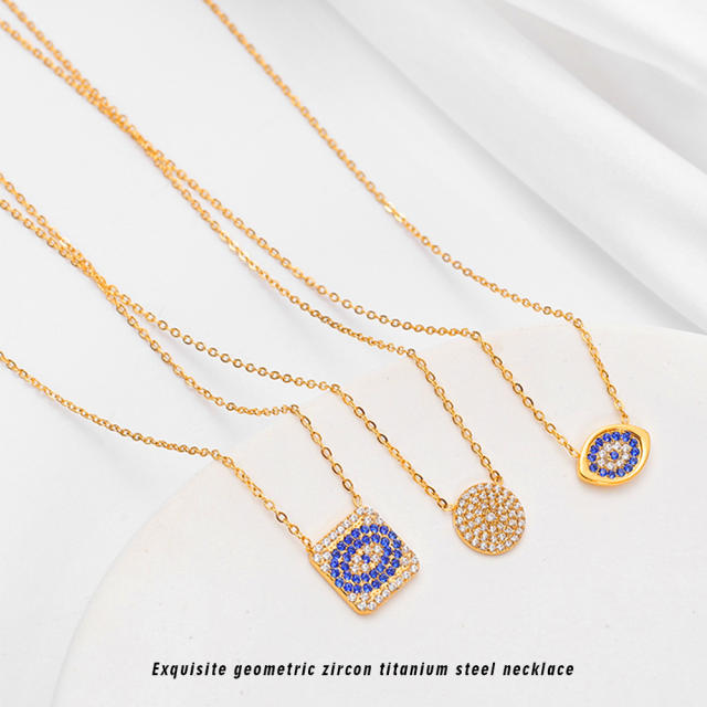 Dainty full diamond geometric evil eye pendant stainless steel necklace