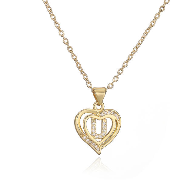 Delicate diamond heart hollow initial letter copper necklace