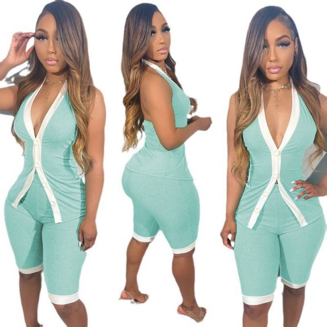 European American New Fashion Women's Sexy V-neck Halter Top Thread Pit Contrast Color suit