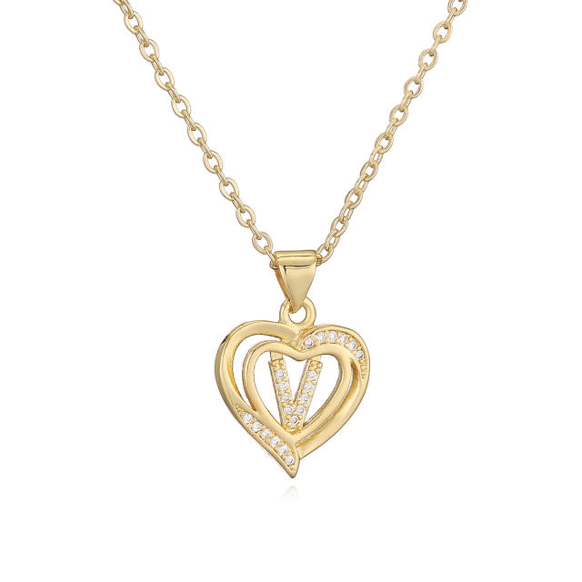 Delicate diamond heart hollow initial letter copper necklace