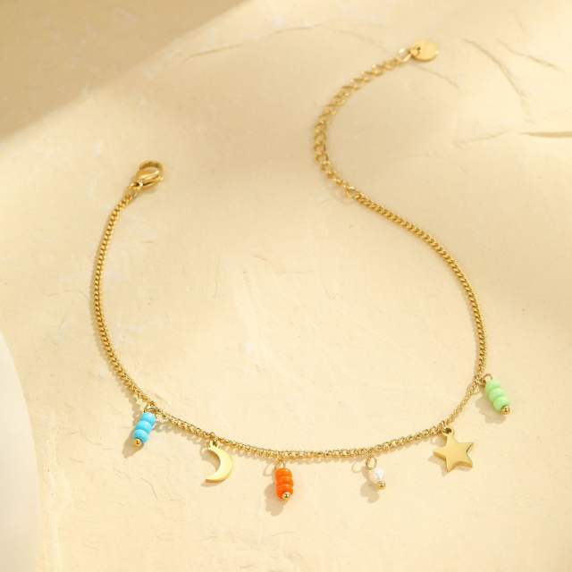 Summer colorful natural stone charm stainless steel anklet