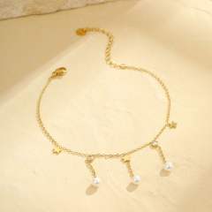 Summer pearl bead tassel stainless steel anklet