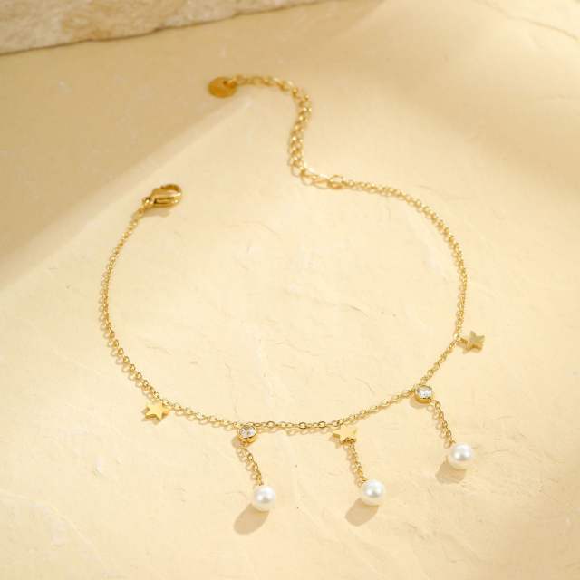 Summer pearl bead tassel stainless steel anklet