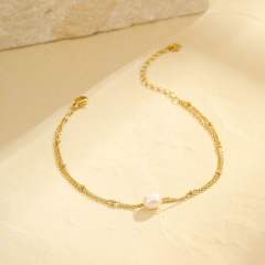 Summer pearl bead tassel stainless steel anklet